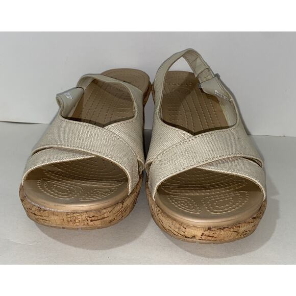 Crocs Womens Leigh Slingback Wedge Sandals Natural Canvas Sz 10 - Picture 2 of 7